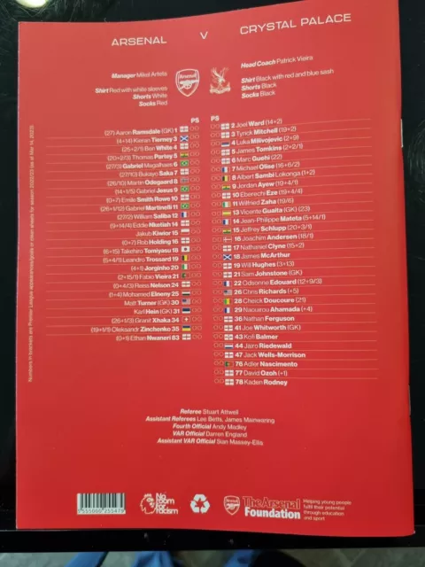 Arsenal vs Crystal Palace Premier League Official Matchday Programme 19/03/23 2