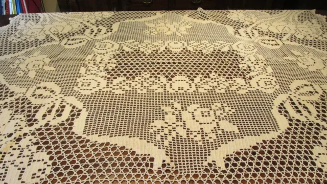 ""Cream Color - Hand Crocheted - Detailed - Tablecloth"" - 50 X 62
