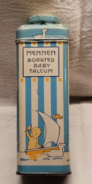 VINTAGE MENNEN BORATED BABY TALCUM EMPTY TIN AWESOME GRAPHICS w BABY AND DUCKS