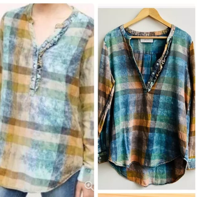 Anthropologie Isabella Sinclair Plaid Flannel Popover Shirt Blue Green Medium