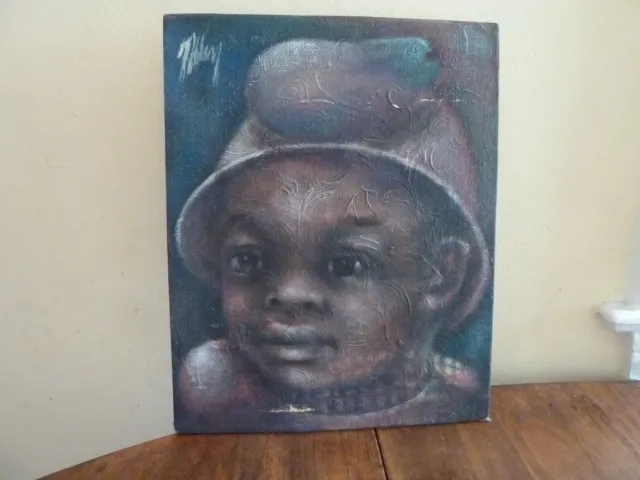 Vintage Signed Painting Portrait of a Young Black Girl with Hat. 8 X 10"