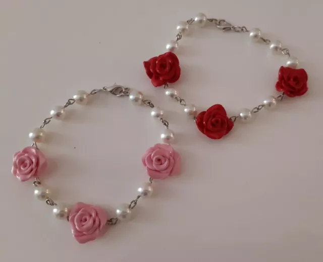 Bracciale rose charms rosa rosso fimo perle fatto a mano colore a scelta