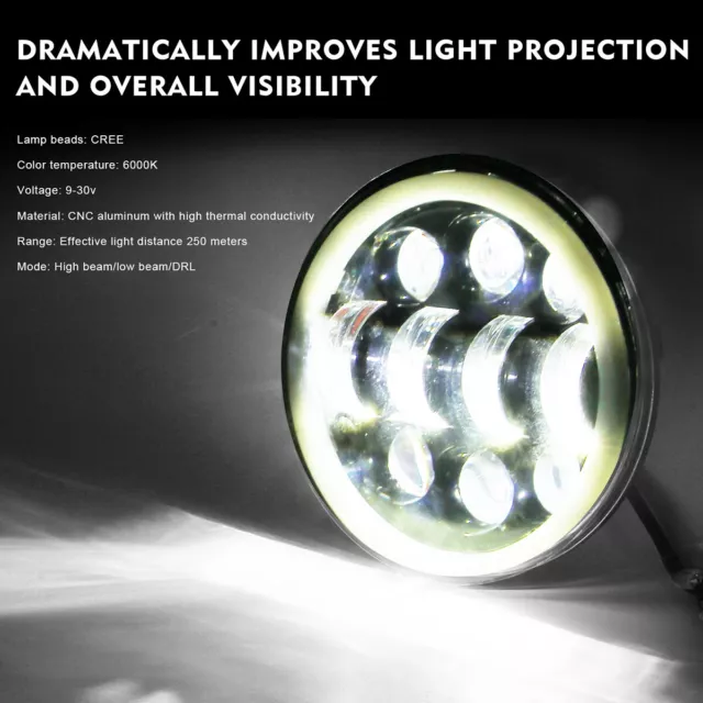 5.75" Motorcycle Projector LED Headlight Sealed Hi-Lo Beam Halo Ring Lamp Bulbs 3