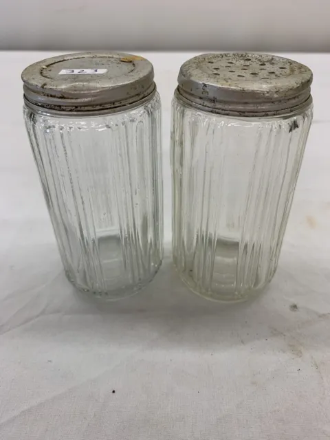 Two Vtg Hoosier Ribbed Glass Spice Jars With Aluminum Lids, 1 Shaker, 1 Solid