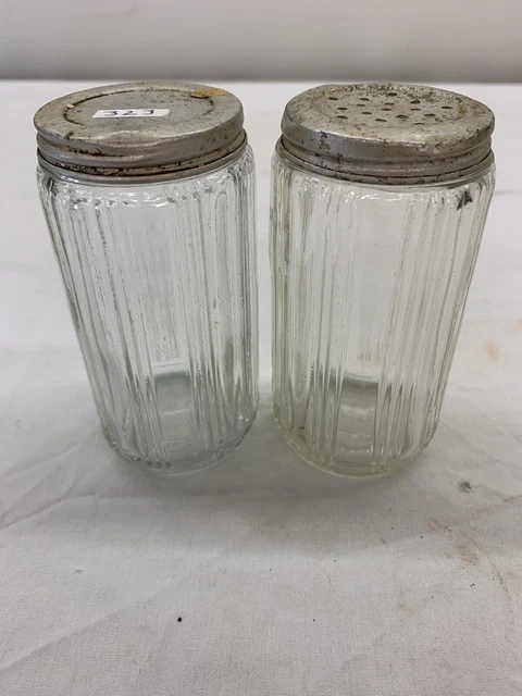 Two Vtg Hoosier Ribbed Glass Spice Jars With Aluminum Lids, 1 Shaker, 1 Solid