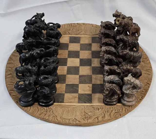 Vintage Africa Wood Carved Anim Chess Set 32 Pieces With Board