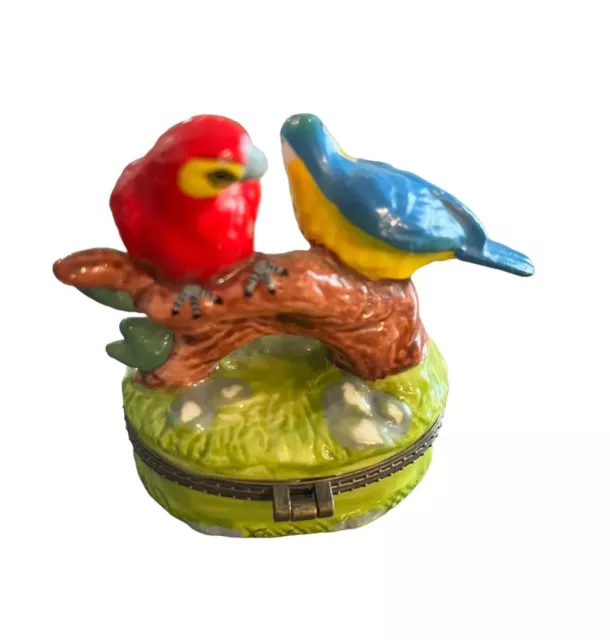 Vintage Trinket Box Green Perching Parrots with Painted Branch ***WITH A FLAW***