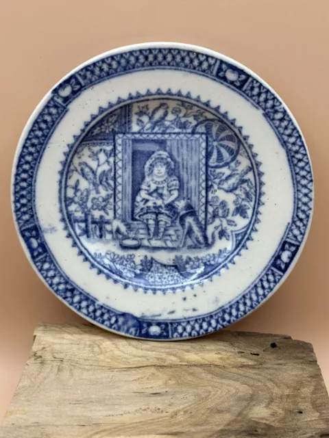 CHARLES ALLERTON :: 1890 Little Mae DOG Blue TRANSFERWARE 5 1/4” PLATES ENGLAND