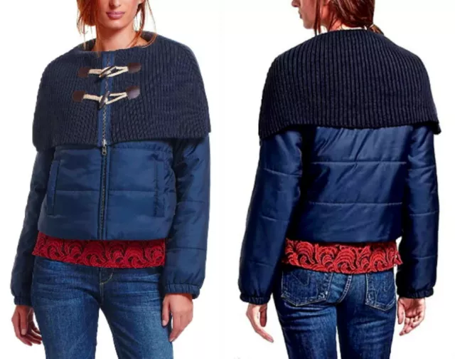 Anthropologie Puffer Toggle Jacket Small Blue Black Shawl Collar Zip Cropped NWT