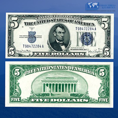 1934D $5 Five Dollars Bill Silver Certificates Blue Seal, T/A Block, CU #72284