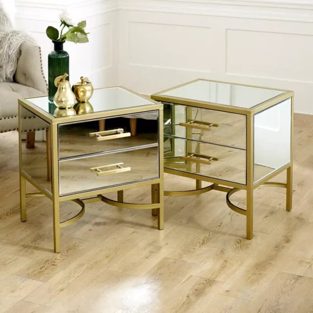 Pair gold mirrored bedside table occasional tables bedroom living room furniture