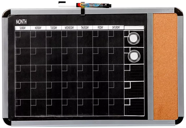 Dooley Metallic Framed Magnetic Black Surfaced 1 Mo Calendar, Cork Strip, 11x17