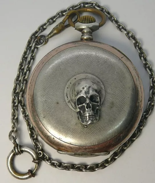 Antique Pocket Watch Memento Mori Silver 800 Skull Working + Pocket Watch Chain