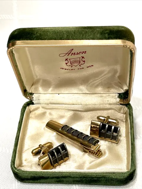 Vintage Anson Gold Tone Black Grill Cuff Links & Tie Bar Clasp Set in Orig. Case
