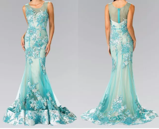 NWT Aqua Blue Floral Lace Beaded Prom Pageant Mermaid Dress Evening Gown Size M