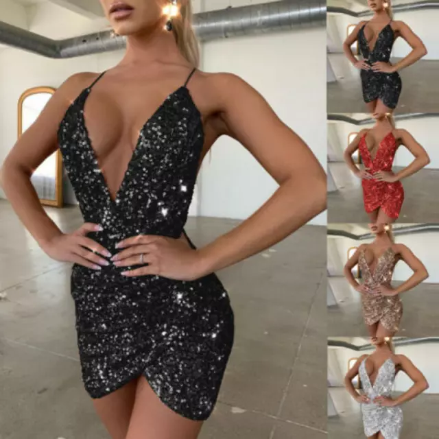 Women's Sexy Sequin Mini Dress Bodycon Deep V Neck Party Club Cocktail Dress