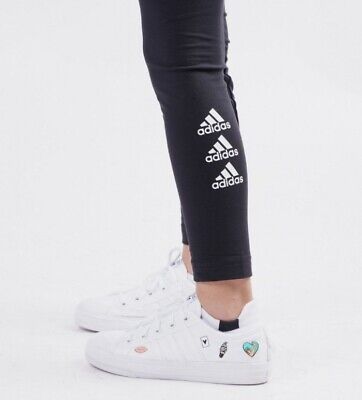 Junior Girls Adidas Badge Stripe Logo Leggings Black