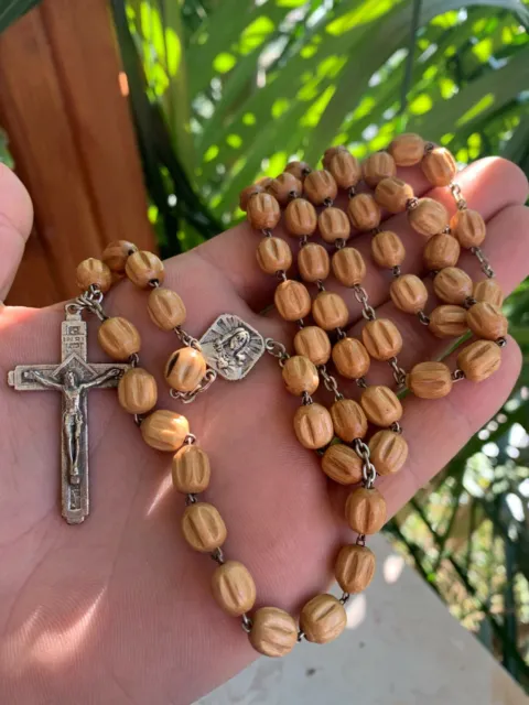 †Wood Vintage Rosary Handmade Brown Wood Bead, Crucifix Italy silver Cross 19th†