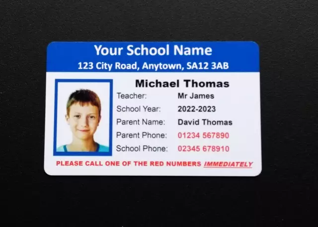 Personalised Kids Student School ID Card Safety Security Missing Child Emergency