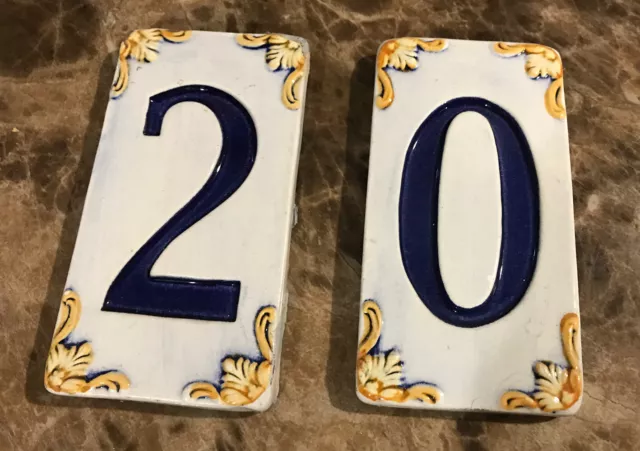 Vtg Mexican? Ceramic Lot of 2 Number Tiles 4 3/8” X 2 1/4” Cobalt Butterscotch