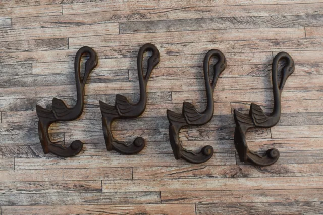 4x Vtg Cast Iron Hat Coat Pan Pot Hanging Double Kitchen Hook Hanger Barn Dcor