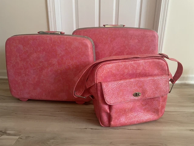 RARE Vintage 3 Piece Set Samsonite Suitcases Hot Pink BARBIE Marble Swirl Design