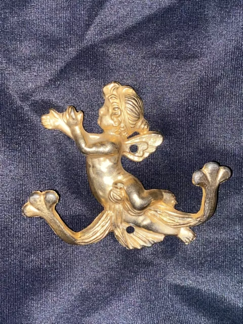 True Vintage Brass Double Hook Beautiful Cherub Angel Coat Towel Wall Hanger