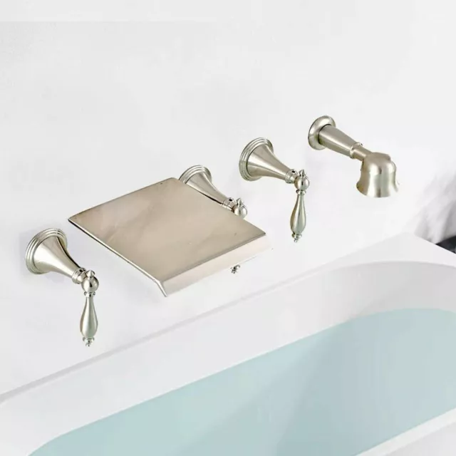 Brushed Nickel Waterfall Tub Faucet Wall Mount Bathtub Filler Tap w/ Hand Shower