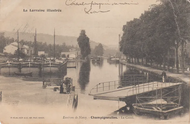 Antique postcard MEURTHE-ET-MOSELLE CHAMPIGNEULLES le canal stamped 1905