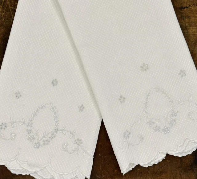 Pair Antique French Linen Hand Embroidered Laurel Wreath Guest Towels