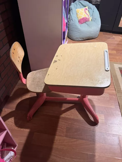 Vintage Child's School Desk Pink Heavy Duty Wood Metal W/Adjustable Desk/chair