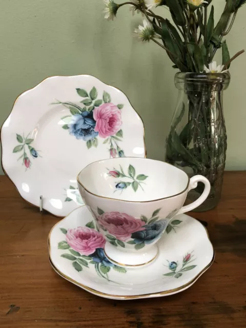VINTAGE CUP SAUCER PLATE TRIO CSP FOR HIGH AFTERNOON TEA EB FOLEY Pink Blue Rose