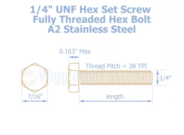 1/4" UNF Nut and Bolt / Fully Threaded Set Screw + Washers A2 STAINLESS STEEL 2