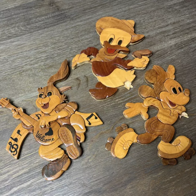 Wooden Disney Carved Wall Decor Set Of 3 Minnie Mouse Donald Duck Rabbit*Broken*