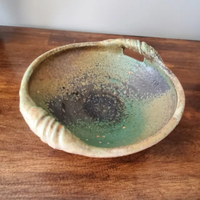 Rustic Studio Art Pottery Trinket Dish Bowl Signed TR Catch-all Handles 7" Green