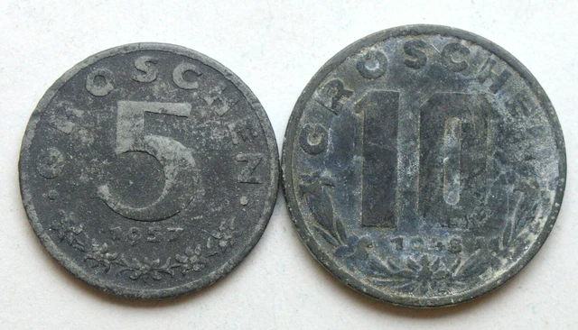 Austria 5 + 10 Groschen 1948-1957 Lot Of 2 Zinc Coins
