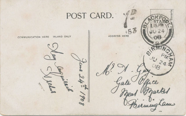 1908 Postmark GB 1908 VF pc w K2