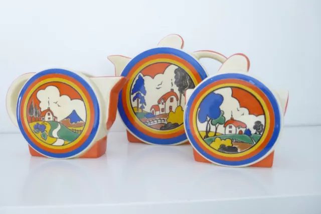 Moorland Chelsea Burslem Huntley Cottage Clarice Cliff 3 Pc  Teapot Sugar Milk