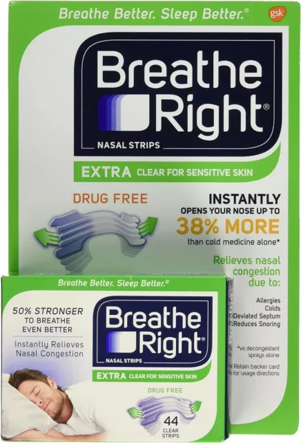 Breathe Right Extra Clear Nasal Strips Drug Free Sensitive (44 Clear...