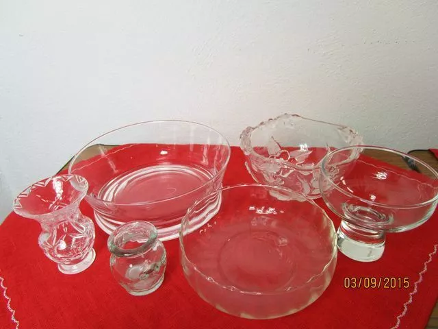 6 Antiguos Cristal Piezas - 3 Conchas + Mini Jarro, Jarra + O Taza Búcaro / S58