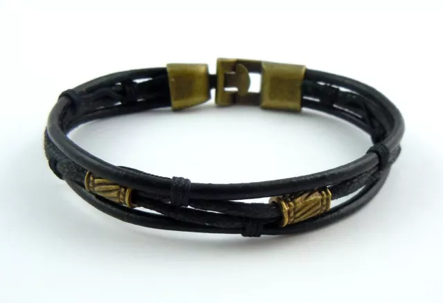 Bracelet tribal noir perlé cordon corde sangle de poignet ton laiton fermoir 20 cm de long