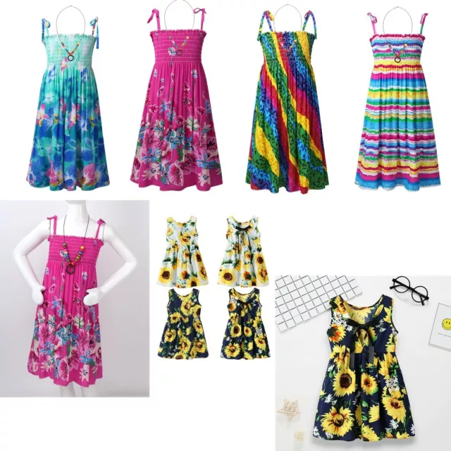Kids Girls Summer Dress + Necklace Floral Printed Sundress Casual Party Costume