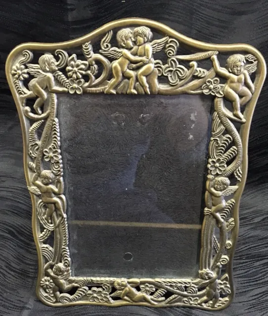 Beautiful Vintage And 10” Tall Metal Cherub Angel Picture Frame