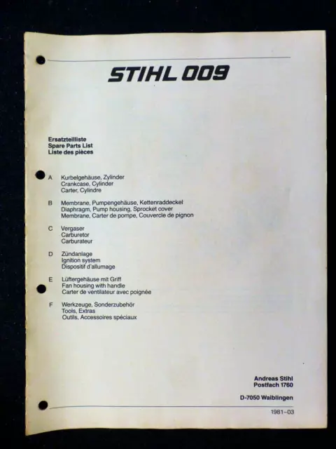 STIHL " 009 " CHAIN SAW - 1981 Genuine SPARE PARTS LIST / CATALOG - rare -