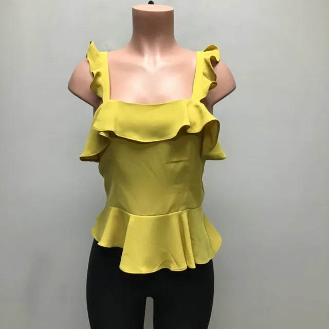 Chriselle x JOA Womens Yellow Ruffle Trim Smocked Back Asymmetrical Peplum Top M