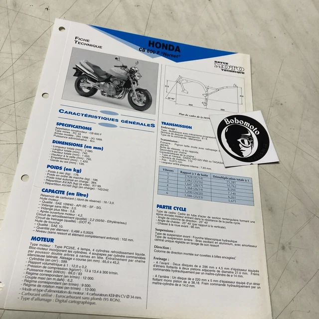 Honda CB600F Hornet PC34 W 1998 X 1999 Scheda Tecnica Motocicletta Prop CBF 600