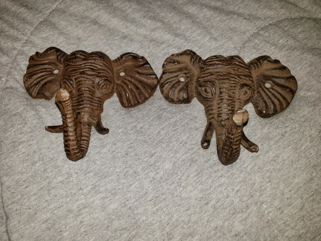 Set of 2 Elephant Trunk Heavy Cast Iron Metal Wall Hanger Key Coat Hooks