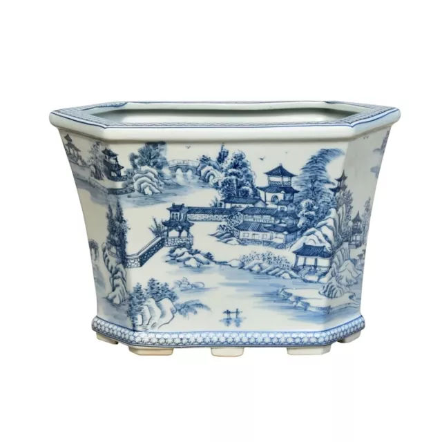 Beautiful Blue and White Blue Willow Landscape Porcelain Hexagonal Pot