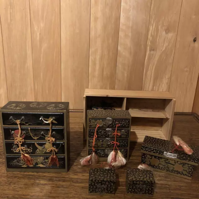 Japanese Old Wooden Lacquerware, Makie, Small Chest Of Drawers, Hina Tools
