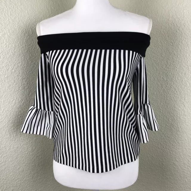 Rebecca Minkoff Women’s Off Shoulder Top Black White Striped Blouse Size XS
